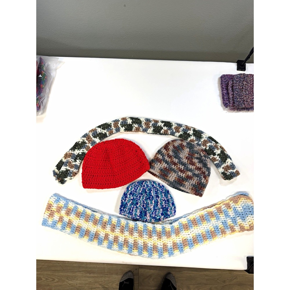 Handmade Crochet Hat Scarf Lot 5pc Camo Red Blue Beanie Winter Wrap NWOT